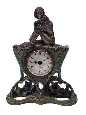 Vintage Veronese Art Nouveau Fairy Nymph Maiden Floral Green Patina Mantel Clock